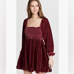 NWT Free People Daphne Wine Burgundy Velvet Mini Dress Long Sleeves Size M